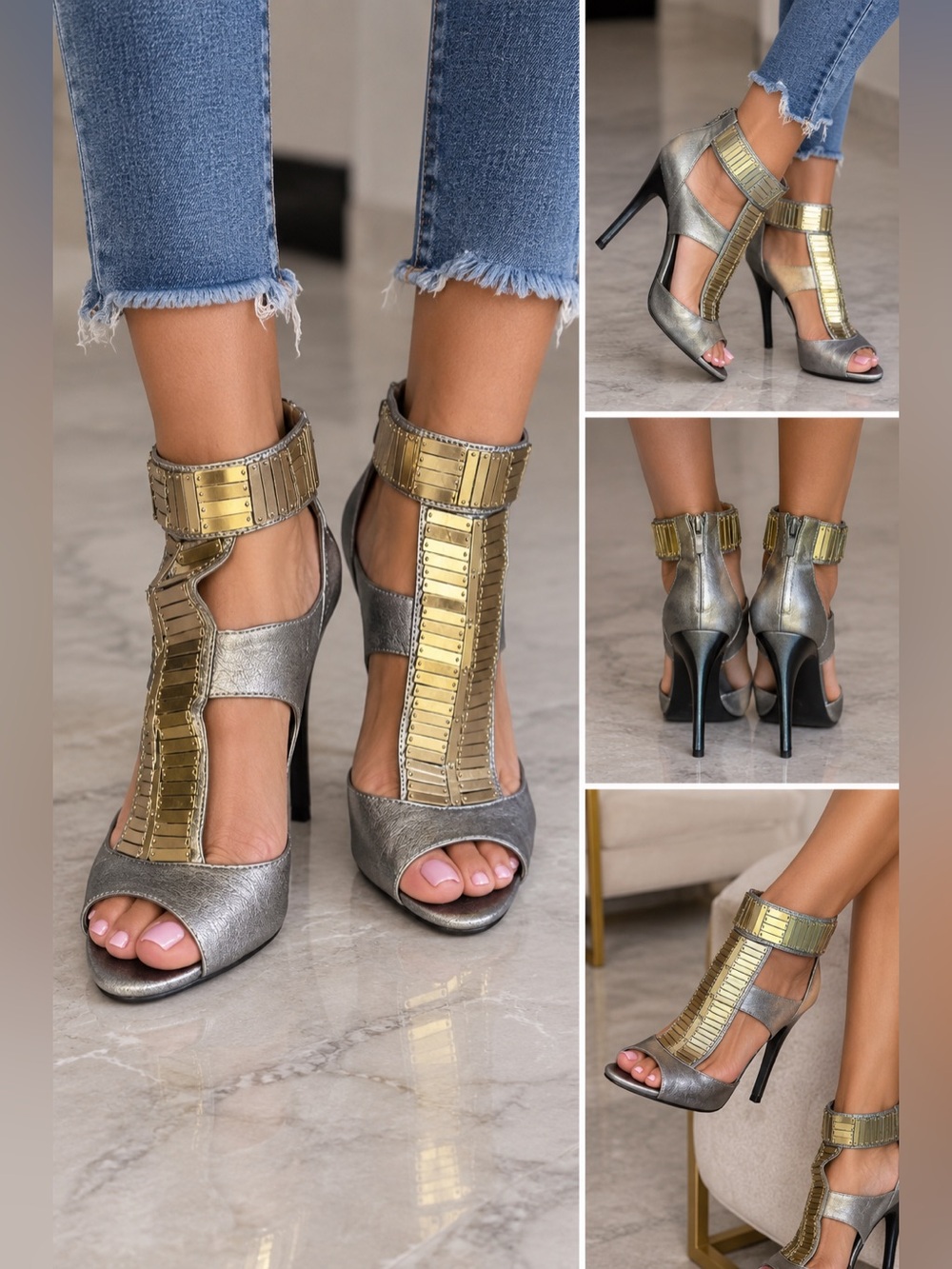 RACHEL Rachel Roy Silver High Heel T-Strap Sandals with Gold Accents